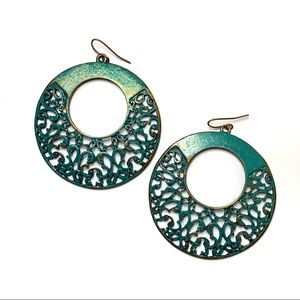 Turquoise & gold large circular dangle earrings